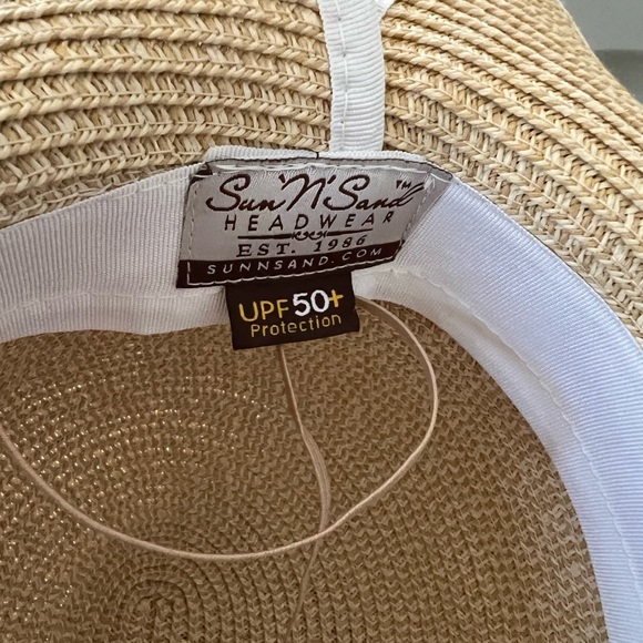 Sun-n-Sand Women's Tan Straw Sun Hat with White Trim and Bow Accent UPF 50 - Picture 5 of 6